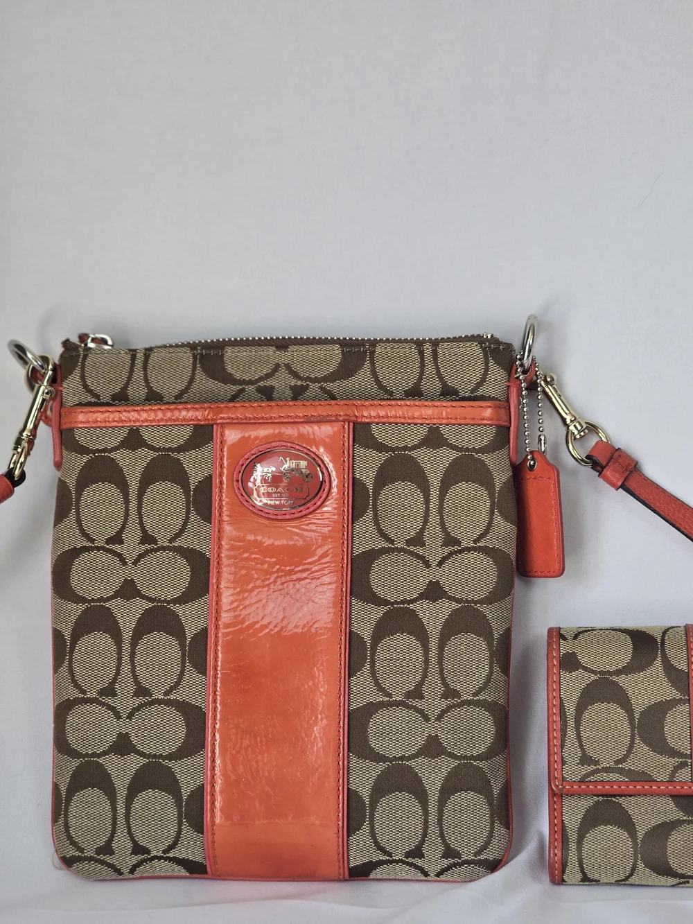 Coach Brown Signature Canvas Crossbody with Coral Trim and Matching Wallet
